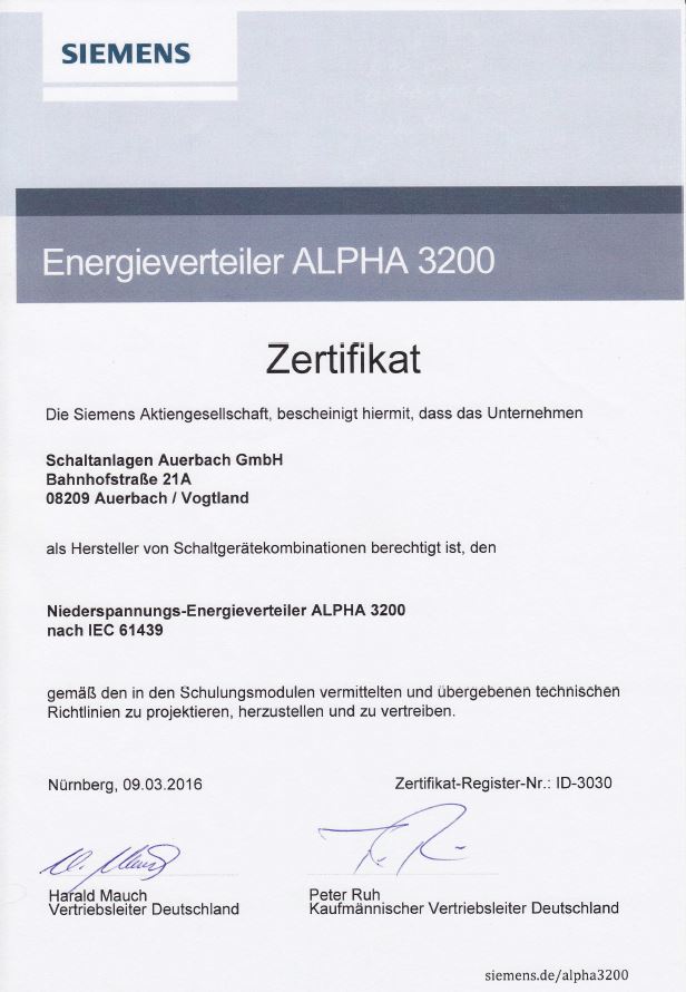 Zertifikat ALPHA 3200